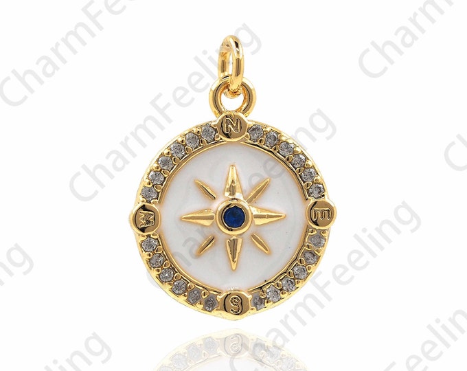 18K Gold Filled Round Polaris Necklace, Micropavé CZ Enamel Coin Pendant, Polaris Charm, Enamel Charm, DIY Jewelry Accessories 18x13x2.5mm