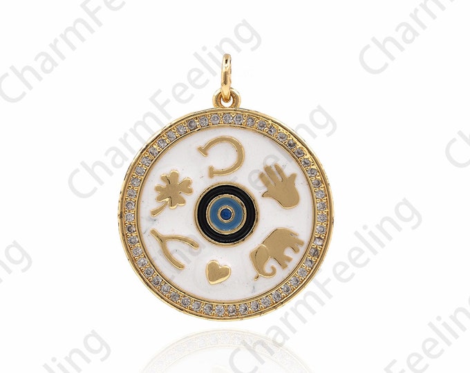 18K Gold Filled Round Necklace,Micropavé CZ Round Animal Pendant,Round Elephant Pendant,Alchemy Coin Pendant 27x22x1.8mm