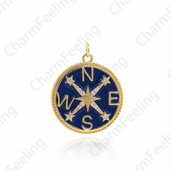 18K Gold Filled Compass Pendant, Round Enamel Necklace, Micropavé CZ Travel Charm, Compass Charm, DIY Jewelry Making Supplies, 31x25x2.7mm