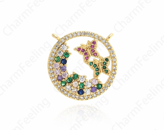Micropavé CZ Plant Pendant,18K Gold Filled Flower Pendant,Butterfly Necklace,Plant Charm, DIY Jewelry Making Accessories, 20.2x22.8x3.6mm