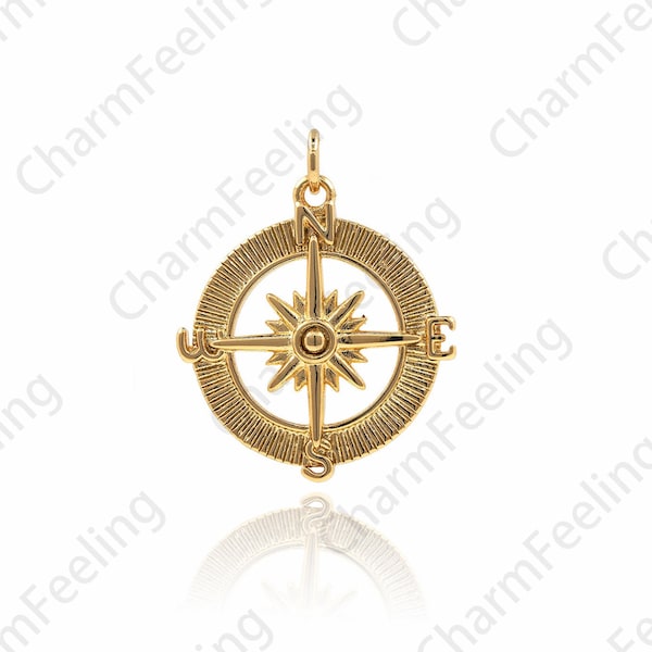 18K Gold Filled Compass Necklace,Round Compass Pendant,Rudder Necklace,Compass Charm,Nautical Pendant,DIY Jewelry Accessories 28x22x2.5mm