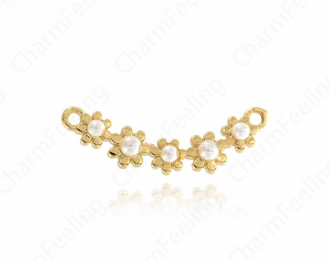 18K Gold Filled Bar Charm, Flower Pendant, Pearl Charm, Curved Charm, DIY Jewelry Supplies, 28.2x9.5x4mm