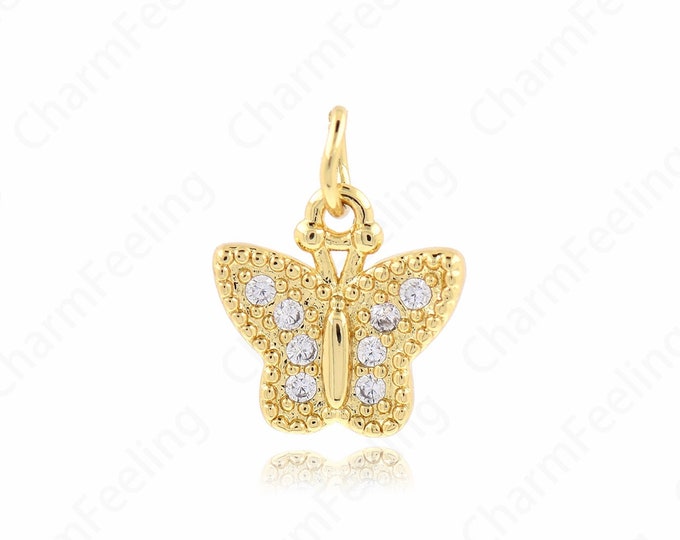18K Filled Gold Butterfly Pendant, Micro-Pave Butterfly, Butterfly Charm, Animal Charm, Necklace Earring Component Supplies 15x11.5x2mm