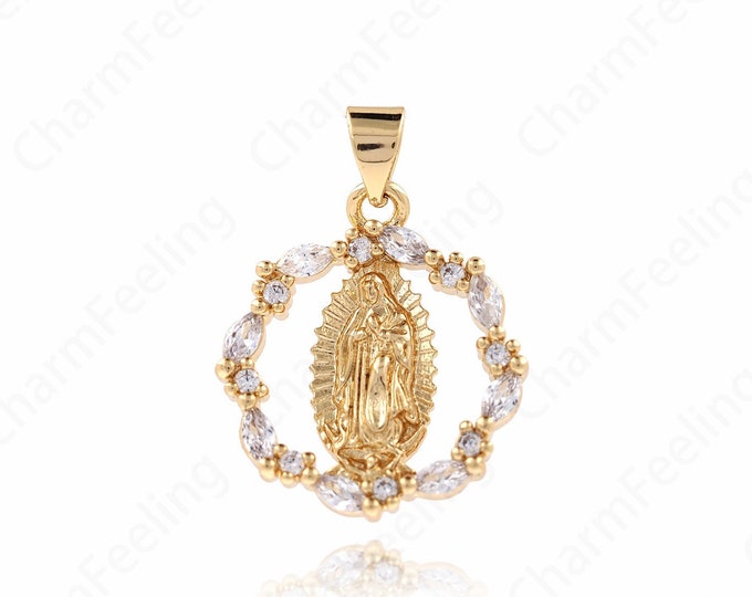 18K Gold Filled Religious Necklace,Round Pendant,Pearl Charm,Virgin Charm,Micropavé CZ Fashion PendantDIY Jewelry Supplies,25.4x17.6x3mm