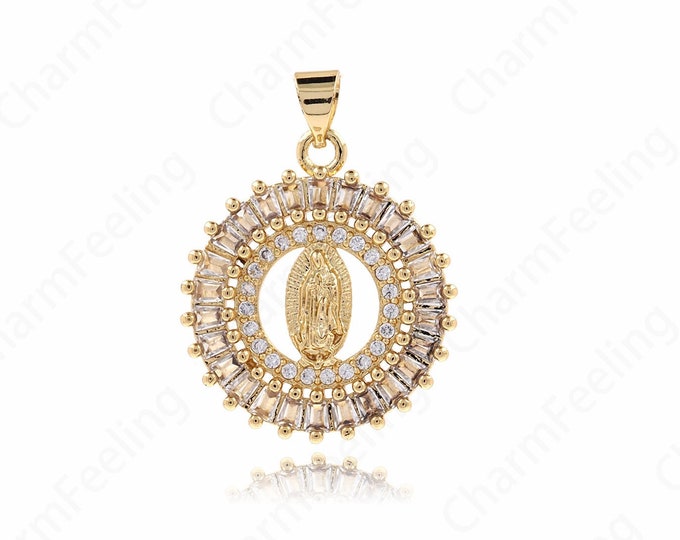 18K Gold Filled Religious Necklace,Round Pendant,Pearl Charm,Virgin Charm,Micropavé CZ Fashion PendantDIY Jewelry Supplies,28.6x21.5x3mm