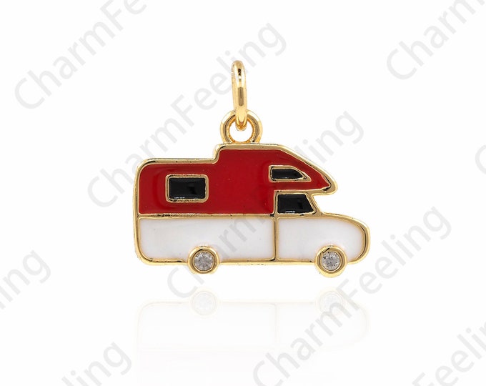 Enamel Caravan Pendant, Caravan Charm, Filled Gold Enamel Pendant, Car Pendant, DIY Jewelry Making Accessories 15x17x2mm 1pcs