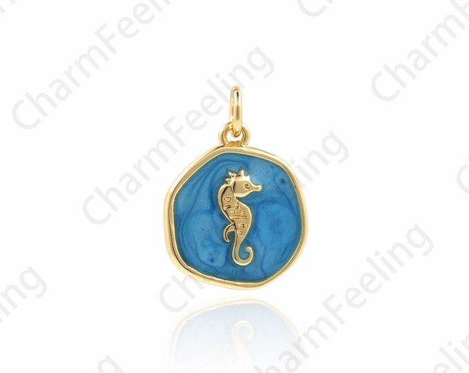 18K Gold Filled Enamel Seahorse Pendant,Blue Enamel Necklace,Seahorse Charm,Sea Animal Pendant,Sea Animal Charm,Enamel Charm,19.5x14x2.8mm
