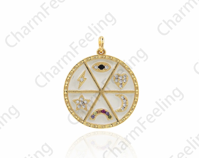 Enamel Good Luck Pendant, 18K Gold Filled Good Luck Necklace, Enamel Charm, Round Coin Pendant, DIY Jewelry Accessories, 26.5x22x2mm