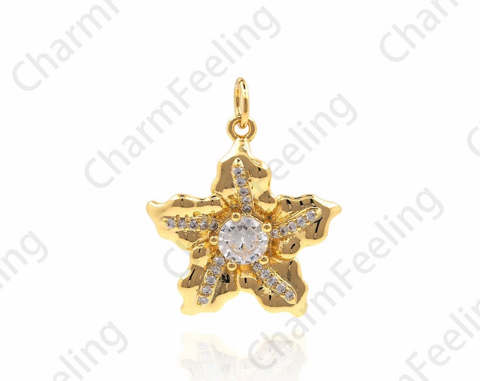 Five-Petal Flower Pendant, Micro-Pave Flower Necklace, Gold Flower Charm, DIY Jewelry Making Accessories 24×19.4×4.2mm 1pcs