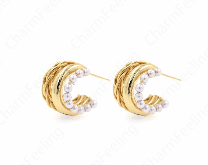 Pearl Earrings,Micropavé CZ Exquisite Earrings,Dainty Rhinestone Earrings,18K Gold Filled Moon Earrings,Boho Earrings,18.5x15x19mm