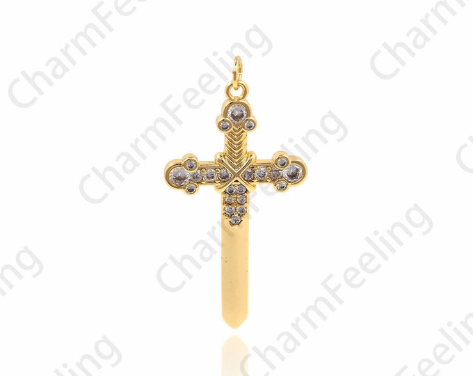 Micro-Pave Knight Sword Pendant Golden Sword Necklace Weapon Charm DIY Jewelry Making Accessories 43x21x2.3mm 1pcs