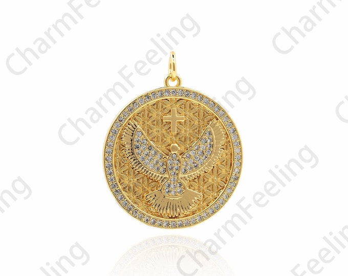 18K Gold Filled Church Pendant, Micropavé CZ Round Cross Necklace, Round Coin Pendant, Bird Pendant, DIY Jewelry Accessories, 31x25x2mm