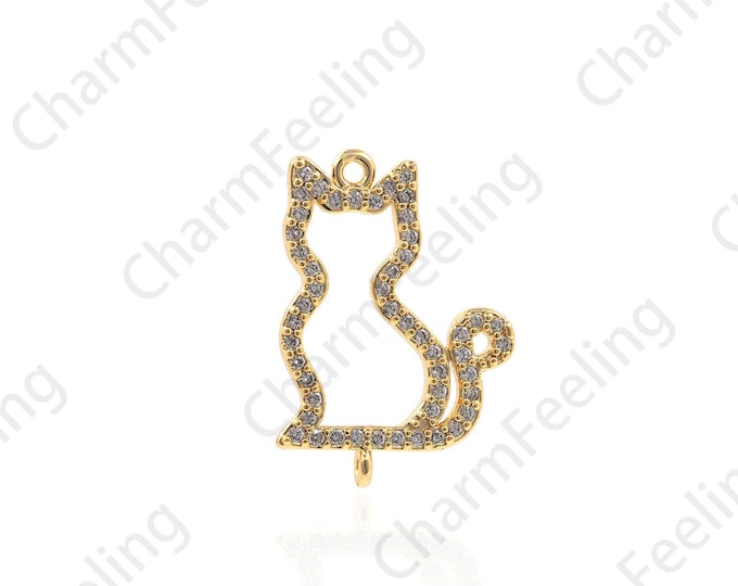 18K Gold Filled Cat Necklace, Cat Pendant, Animal Pendant, Line Cat Pendant, Micropavé CZ Cat Charm, DIY Jewelry Accessories 21x14.5x2mm