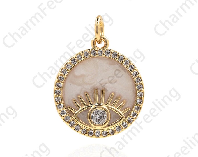 18K Gold Filled Round White Enamel Necklace, Micropavé CZ Eye Pendant, Magic Eye Pendant, Lucky Eye Pendant 22x16x2.5mm