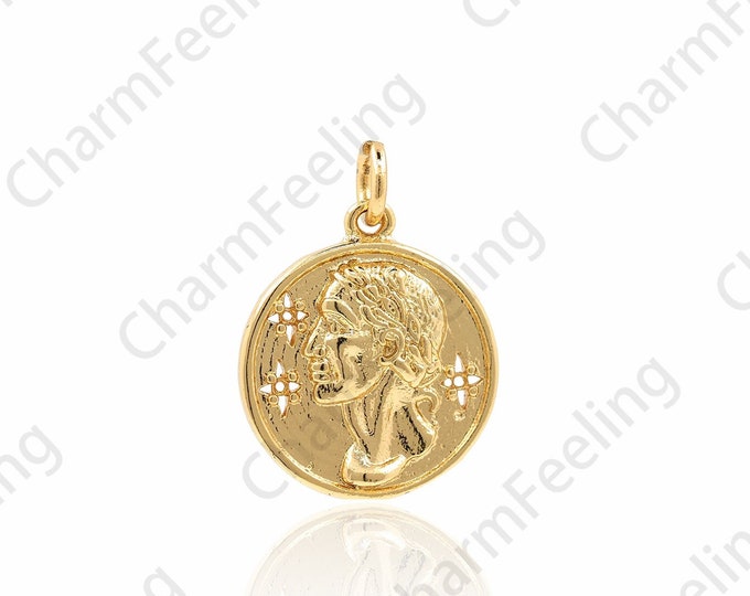 18K Gold Filled Character Pendant,Round Coin Necklace,Coin Charm,Round Charm,Faceted Character Pendant,DIY Jewelry Accessories, 20x15x4mm