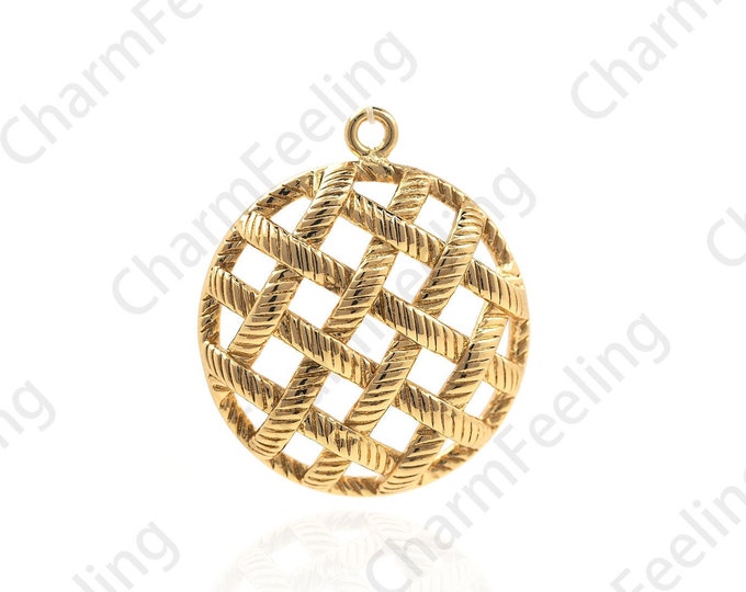 18K Gold Filled Disc Woven Pendant, Round Woven Necklace, Hollow Woven Charm, Round Charm, DIY Jewelry Making Accessories 29x25x6mm