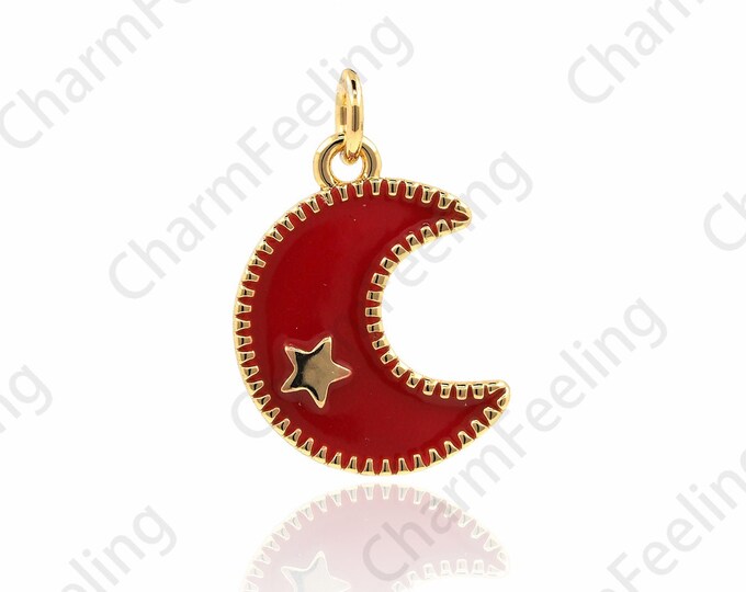 Gold Crescent Pendant, Moon Star Pendant, Enamel Moon Pendant, DIY Jewelry Making Accessories 17x11x1.5mm