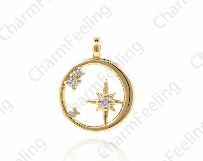 Filled Gold Round Hollow Polaris Pendant, Star Jewelry, Polaris Charm,Star Pendant,Necklace and Earring Components Supply 19.5x15.5x3mm 1pcs