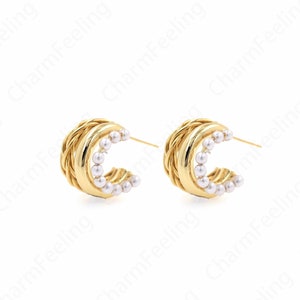 Pearl Earrings,Micropavé CZ Exquisite Earrings,Dainty Rhinestone Earrings,18K Gold Filled Moon Earrings,Boho Earrings,18.5x15x19mm