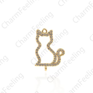 18K Gold Filled Cat Necklace, Cat Pendant, Animal Pendant, Line Cat Pendant, Micropavé CZ Cat Charm, DIY Jewelry Accessories 21x14.5x2mm