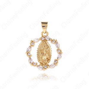 18K Gold Filled Religious Necklace,Round Pendant,Pearl Charm,Virgin Charm,Micropavé CZ Fashion PendantDIY Jewelry Supplies,25.4x17.6x3mm