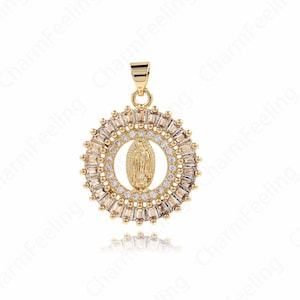 18K Gold Filled Religious Necklace,Round Pendant,Pearl Charm,Virgin Charm,Micropavé CZ Fashion PendantDIY Jewelry Supplies,28.6x21.5x3mm