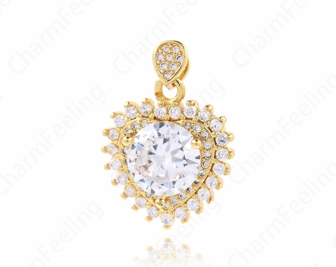 18K Gold Filled Heart Pendant Micropavé CZ Textured Heart Metallic Heart Gold Heart Bracelet Necklace DIY Jewelry 23x16.5x7mm