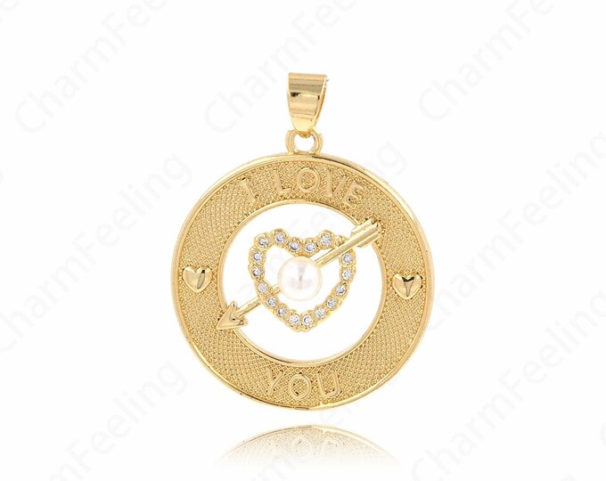 Micropavé CZ Round Pendant, 18K Gold Filled Heart Charm, Heart Necklace, Round Charm, Love Necklace, DIY Jewelry Supplies, 36.5x28.4x7.5mm