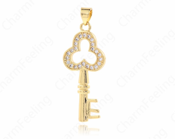 Flower Key Pendant, Micropavé CZ Key Necklace, 18K Gold Filled Key Charm, Used for DIY Jewelry Making Accessories, 38x14.5x2mm