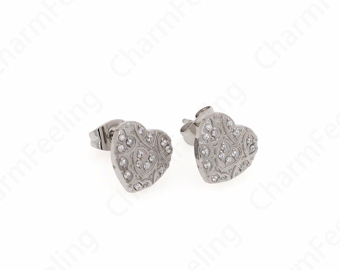 Micro pavé CZ Simple Earrings,  Silver Filled Love Earrings, Heart Earrings, Stainless Steel Earrings, DIY Jewelry Supplies,10.5x10x1.8mm