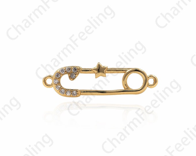 Micro-Pave Safety Pin Linker, Safety Pin Charm, 18K Gold Filling Charm Connector, DIY Jewelry Making Accessories 7.5x26x2mm
