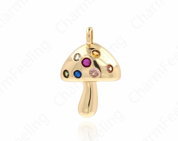 18K Gold Filled Mushroom Necklace, Mushroom Pendant, Gemstone Charm,Micropavé CZ Food Pendant, DIY Jewelry Supplies, 36.5x25x7.5mm
