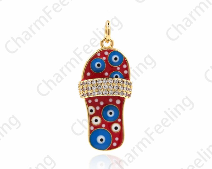 18K Gold Filled Slipper Pendant, Micropavé CZ Slipper Necklace, Eye Necklace, Enamel Eye Slipper Jewelry, 29x12x5.5mm