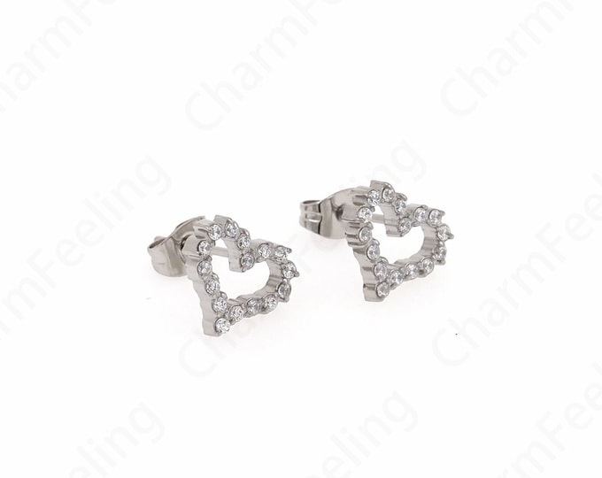 Silver Filled Love Earrings, Stainless Steel Earrings, Heart Earrings, Micro pavé CZ Simple Earrings, DIY Jewelry Supplies,10x11x2mm