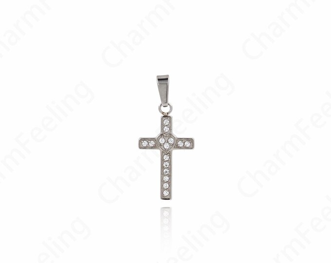 Silver Filled Heart Cross Necklace,Stainless Steel Religious Charm,Micropavé CZ Cross Pendant, DIY Jewelry Supplies 22x10x1.8mm