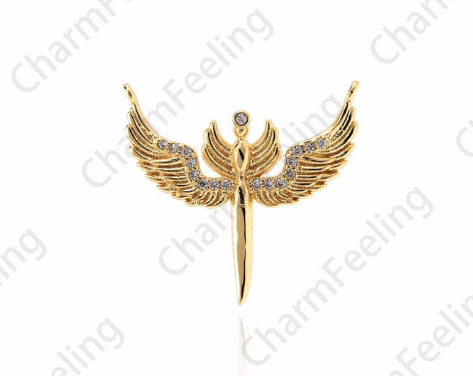 Scepter Pendant,18K Gold Filled Wing Pendant,Scepter Charm,Wing Charm,Micropavé CZ Angel Wing Pendant,DIY Jewelry Accessories,27x27.5x2.5mm
