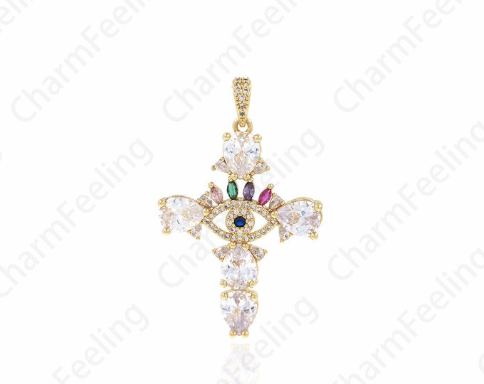 Exquisite Cross Charm, 18K Gold Filled Eye Pendant, Cross Necklace, Enamel Charm, Eye Charm, DIY Jewelry Accessories, 31.5x50.5x4.5mm