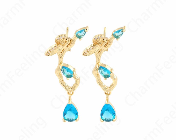 18K Gold Filled Chain Stud Earrings, Wings Earrings, Chain Earrings, Wings Charm, Micro Pave CZ Angel Earrings, Gift For Her, 40x14.5x4.7mm