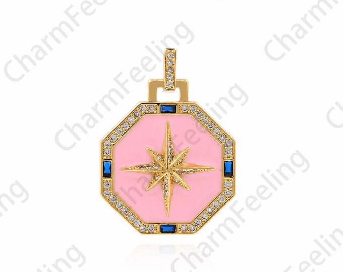 18K Gold Filled Enamel Polaris Pendant, Micropavé CZ Star Necklace, Enamel Charm, Polaris Charm, DIY Jewelry Accessories 35x25x3.5mm
