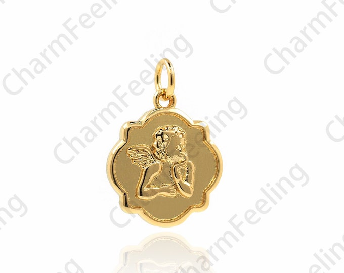 18K Gold Filled Cupid Pendant, Round Coin Necklace, Cupid Charm, Coin Charm, Love Charm, DIY Jewelry Accessories, 20x15x2.5mm