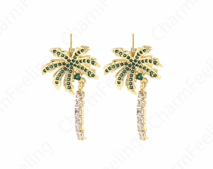 18K Gold Filled Palm Charm, Palm Earrings, Plant Stud Earrings, Micropavé CZ Tree Earrings, Plant Earrings,DIY Jewelry Supplies,16x3.2x2.6mm