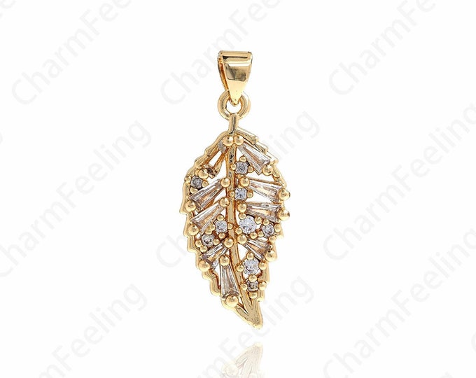 18K Gold Filled Leaf Charm, Micro Pave CZ Plant Pendant, Leaf Pendant, DIY Jewelry Supplies, 31x12.3x3.2mm