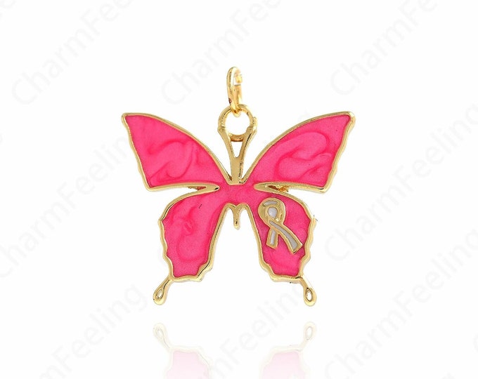 18K Gold Filled Butterfly Ribbon Pendant,Cancer Awareness Charm Bracelet Necklace for DIY Jewelry Making Supply,23.3x23.5x2mm