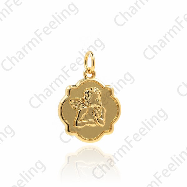 18K Gold Filled Cupid Pendant, Round Coin Necklace, Cupid Charm, Coin Charm, Love Charm, DIY Jewelry Accessories, 20x15x2.5mm