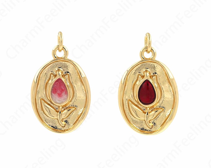 Enamel Rose Necklace, 18K Gold Filled Flower Pendant,Oval Rose Charm, A Gift For Her,DIY Jewelry Making Accessories 24.5x14x3mm