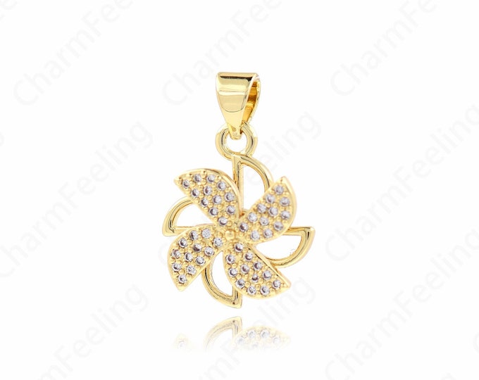 Micropavé CZ Windmill Pendant, Toy Charm, 18K Gold Filled Unique Necklace, DIY Jewelry Supplies, 21x13x4mm
