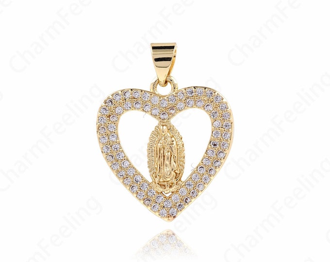 Virgin Mary Charm, 18K Gold Filled Heart Maria Necklace, Micropavé CZ Catholic Necklace, DIY Jewelry Accessories, 34x18.3x4.2mm