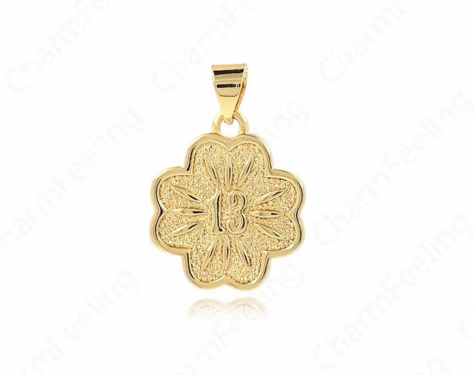 Angel Number Pendant, Round Charm, 18K Gold Filled Flower Necklace, 13 Charms, Gift for Her, DIY Jewelry Supplies, 22.5x15.5x2mm