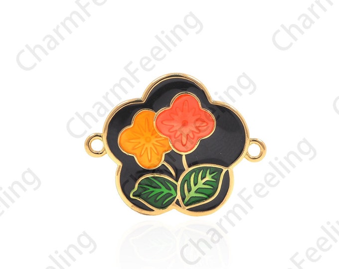 18K Gold Filled Enamel Plum Connector, Petal-Shaped Bracelet Accessories, Plum Connector, Plant Charm, Plum Charm 16x20x2.2mm