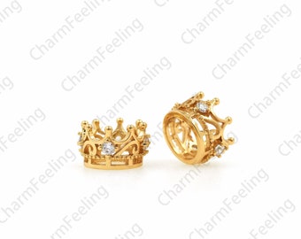 Micropavé CZ Crown Beads, King Crown Bead Cap, 18K Gold Filled Royal Crown Jewelry Articles, 11x6.7mm, Hole 7mm